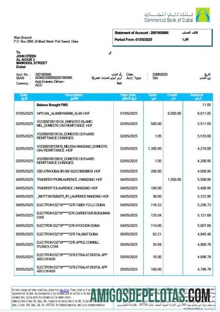 Extrato de conta do Banco Comercial dos Emirados Árabes Unidos de Dubai para download, modelo Word e PDF